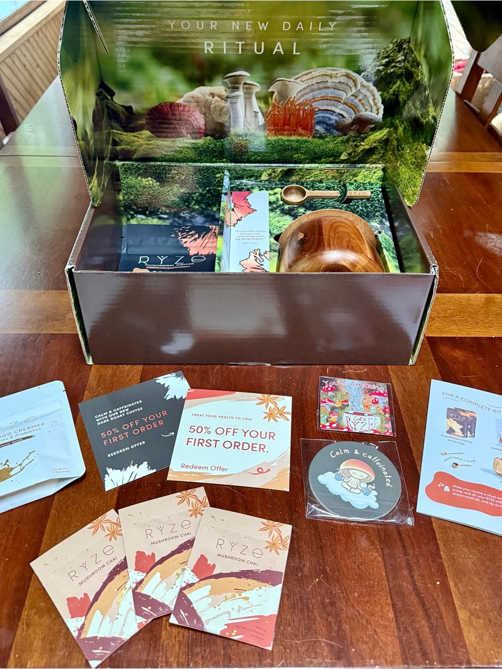 RYZE Mushroom Coffee Sampler Box - Wood Scoop & Accessories - Green Brown